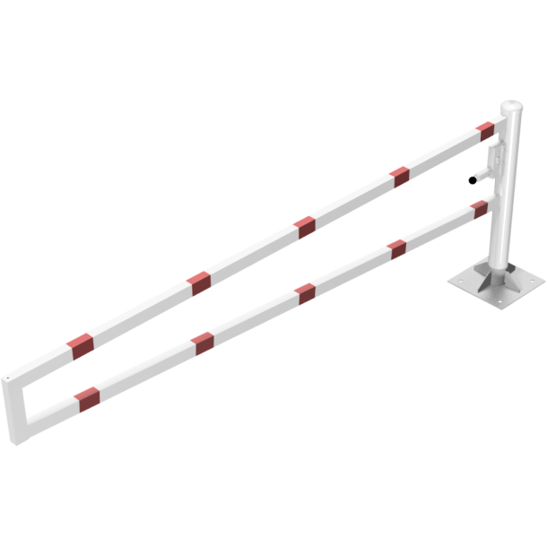 Swiveling gates | to be fixed by plugs, hot-dip galvanized and white coated with red reflecting rings | total width: 3000 mm | with Euro profile cylinder lock